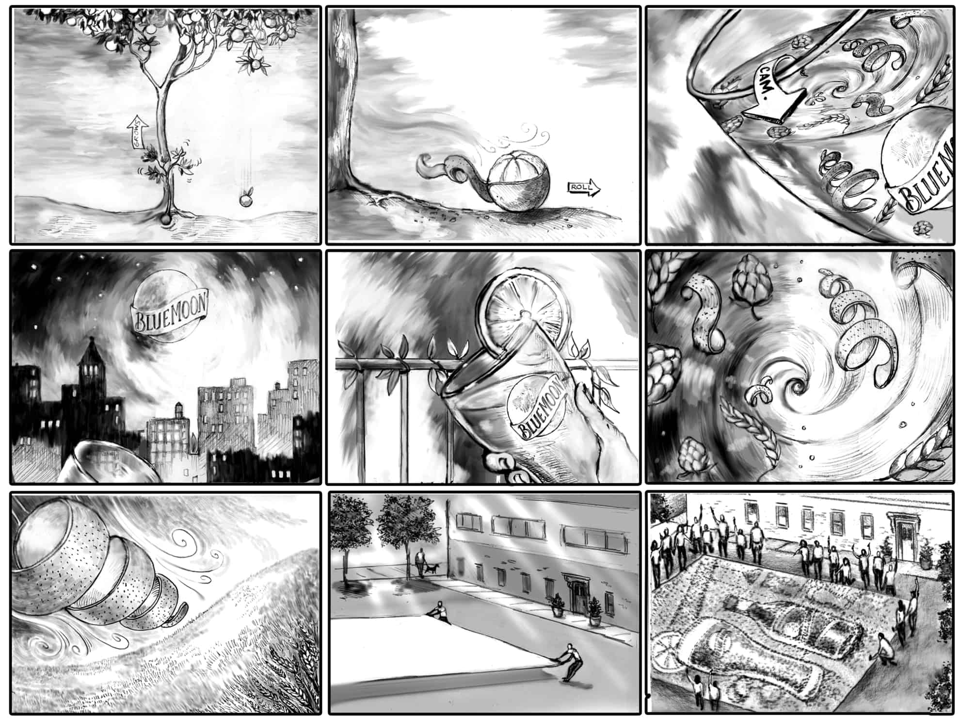 blue moon black and white, pencil, storyboard