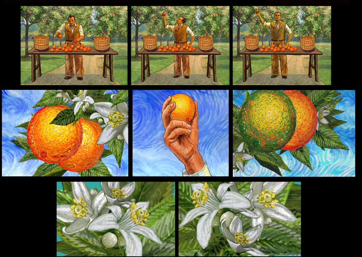 tropicana storyboard, painterly style,